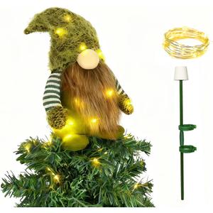 12 inch Lighted Gnome Christmas Tree Topper, Christmas Gnome with Tree Topper Holder, Handmade Large Plush Dwarf Ornaments with Lights, Santa Gnomes Plush Christmas Tree Decorations