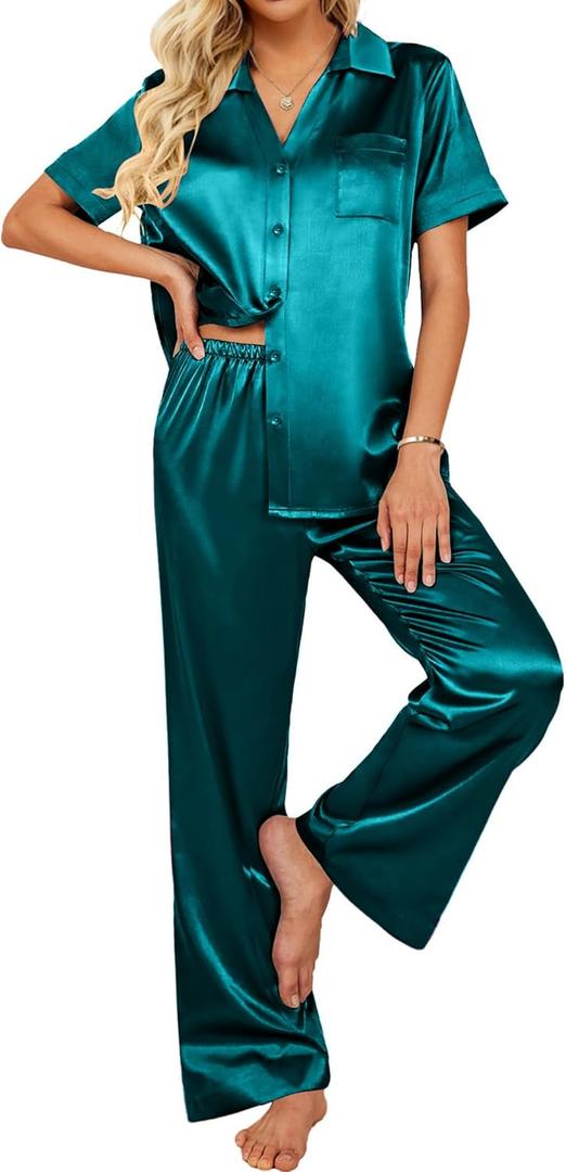 Ekouaer Silk Pajamas for Womens Set 2 Piece Satin Pjs Soft Button Down Sleepwear Wide Leg Long Pants with Pockets (Large, Blue Green)