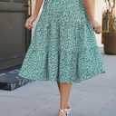 Women's Boho Floral Tiered Midi Skirt Elastic Waisted Pleated A-line Casual Summer Long Skirt (Green)