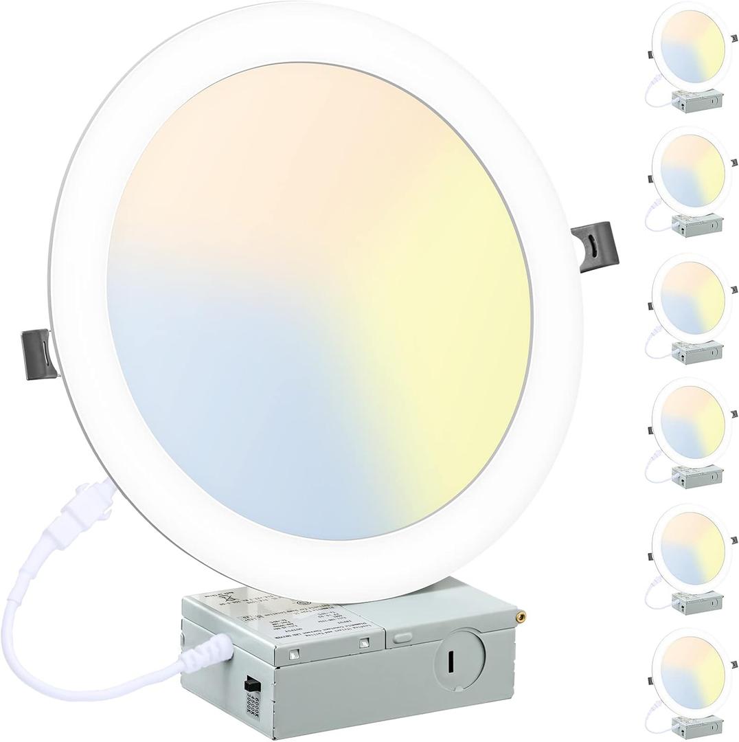 6 Pack 8 Inch LED Recessed Lighting with Junction Box Ultra-Thin, 3000K/4500K/6000K Selectable, 8" Dimmable Canless LED Downlight, 1800LM CRI80 High Brightness 5%-100% Recessed Light (White)