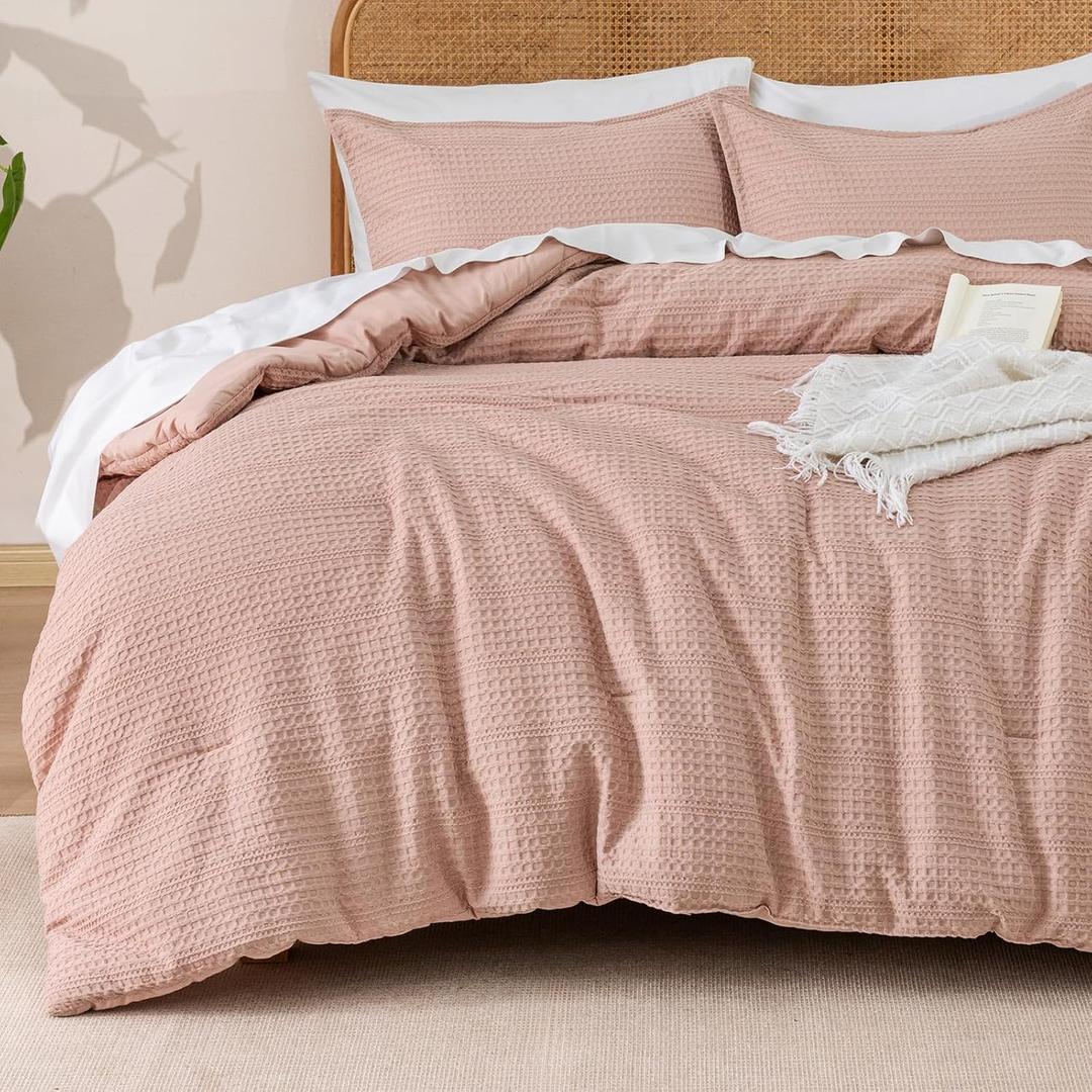 PHF Soft Waffle Comforter Set Queen Size- Comfy Breathable Waffle Weave Comforter with 2 Pillow Shams, 3 Pieces No Snagging Lightweight Bedding Set for All Season, Rose Pink