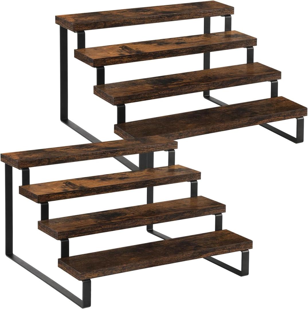YINMIT Wooden Display Riser Stand, Tiered Perfume and Cologne Organizer Stand, 4 Tier Spice Rack Organizer, Rustic Display Shelf for Candles (4 Tier, 2 Pack) (4 Tier,2 Pack,Brown)