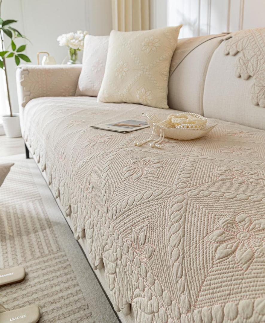vctops Farmhouse 100% Cotton Quilted Couch Cover Floral Embroidered Sofa Cover Non-Slip Soft Sofa Slipcover Washable Furniture Protector (Khaki, 28"x59")