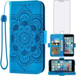 Compatible with iPhone 6plus 6splus 6/6s Plus Wallet Case Tempered Glass Screen Protector Flip Cover Card Holder Cell Phone Cases for iPhone6 6+ iPhone6s 6s+ i 6P 6a S Six iPhone6splus Women Men Blue