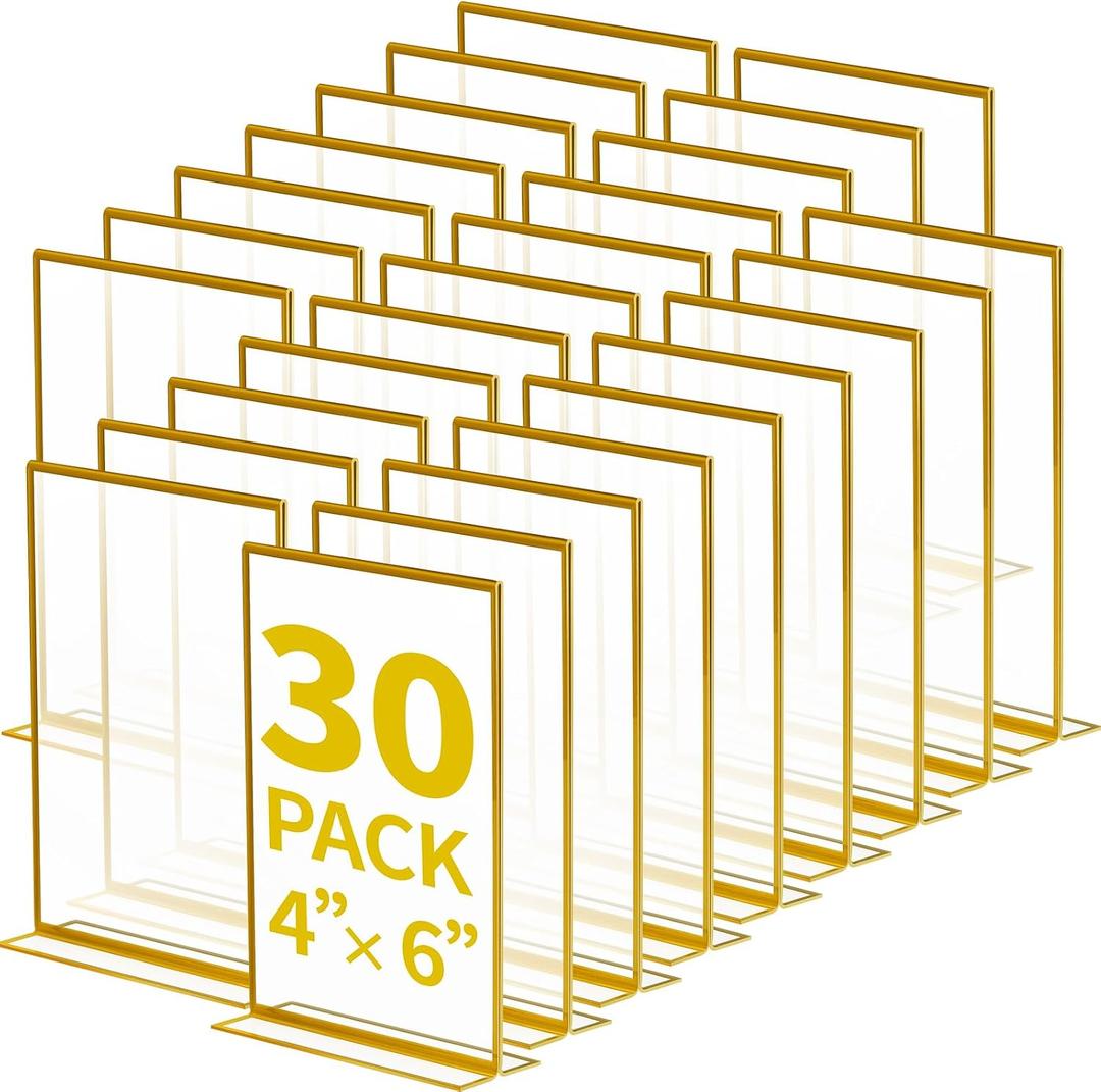 30 Pcs Gold Acrylic Sign Holder 4 x 6 Inch, Gold Picture Frames Double Sided Clear Wedding Table Number Holders for Wedding Restaurant Office Home Store Numbers Signs 