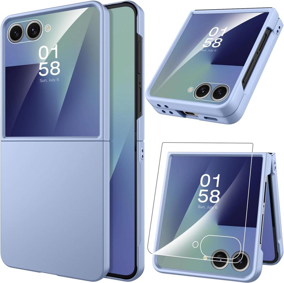 Miimall Slim Case for Flip 7 Samsung with Screen Protector,Thin Slim Shockproof Drop-Proof Anti-Scratches Nonslip Grip Full Body Matte Polycarbonate Protective Phone Cover for Samsung Z Flip 7,Liblue
