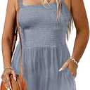 Eytino Plus Size Jumpsuits for Women Loose Summer Smocked Square Neck Sleeveless Short Rompers with Pockets(1X-5X) (Blue)