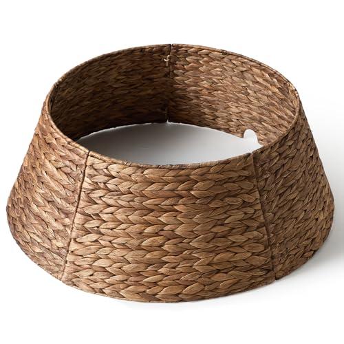 28in Christmas Tree Collar - Woven Hyacinth Tree Collars for Artificial Trees - Rattan Rustic Farmhouse Basket for Tree Base Cover with Cord Cut-Out for 6ft 7.5ft Tree (Brown)