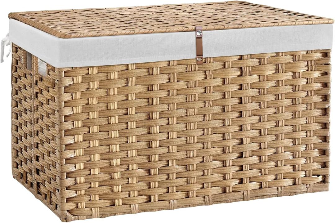 180L Wicker Storage Basket with Lid, Handwoven Rattan Large Shelf Basket with Removable Liner, 47.6 Gallon Wicker Basket for Blanket, Storage Trunk with Handle for Closet, Bedroom, Livingroom, Natural (180 L(31.5 x17.72 x 19.68 Inches))