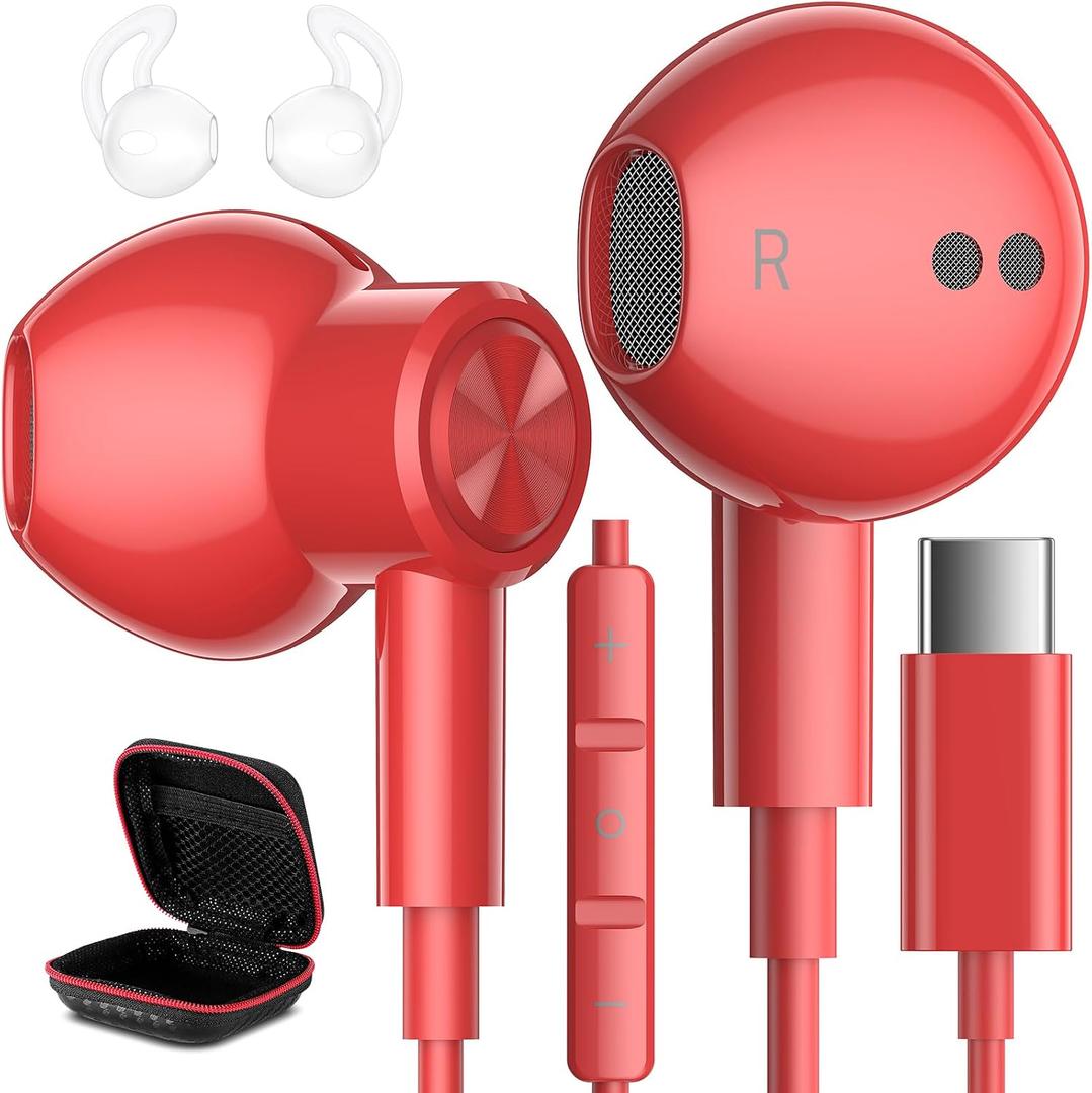 USB C Headphones Wired Type C Earphones for Samsung/Galaxy S26 S25 S24 Plus S23 S22 S21 S20 Ultra Magnetic Corded Earbuds for iPhone 15 Pro Max 16 16e 17 17e Air for Apple/Android Ear Buds Red