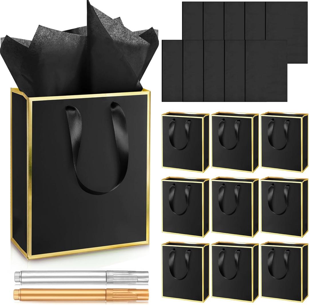 Yeaqee 10 Pack Metallic Paper Gift Bags with Handles Tissue Paper Thank You 5 Senses Gift Bag for Birthday Wedding Baby Shower Groomsmen Bridal Anniversary Favor 9 x 7 x 3.15''(Black, Gold)