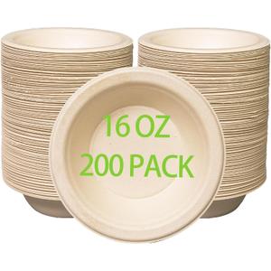 16 oz Compostable Paper Bowls 200pack, Heavy-Duty, Eco-Friendly, Bulk Pack, Disposable Bowls, Biodegradable Made of Sugar Cane Fibers, Hot or Cold Use(natural)