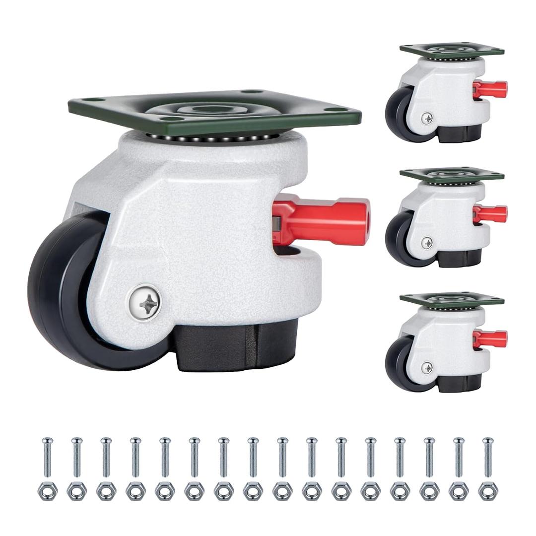 Heavy Duty Leveling Casters - 360 Degree Swivel Castors with Upgraded Handle, Height Adjustable Casters for Workbench, Machine, Equipment, Shelves, Total Capacity 2200 Lbs (4 Pack)