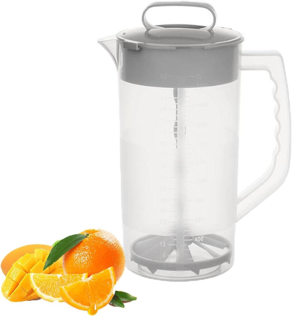 1 Pack Mixing Pitcher for Drinks, 2 Quart/ 64oz Plastic Water Pitcher with Lid and Adjustable Mixer Plunger Angled Blades for Drinks, Easy-Mix Juice Container, Powdered Milk Juice Mixing Pitcher