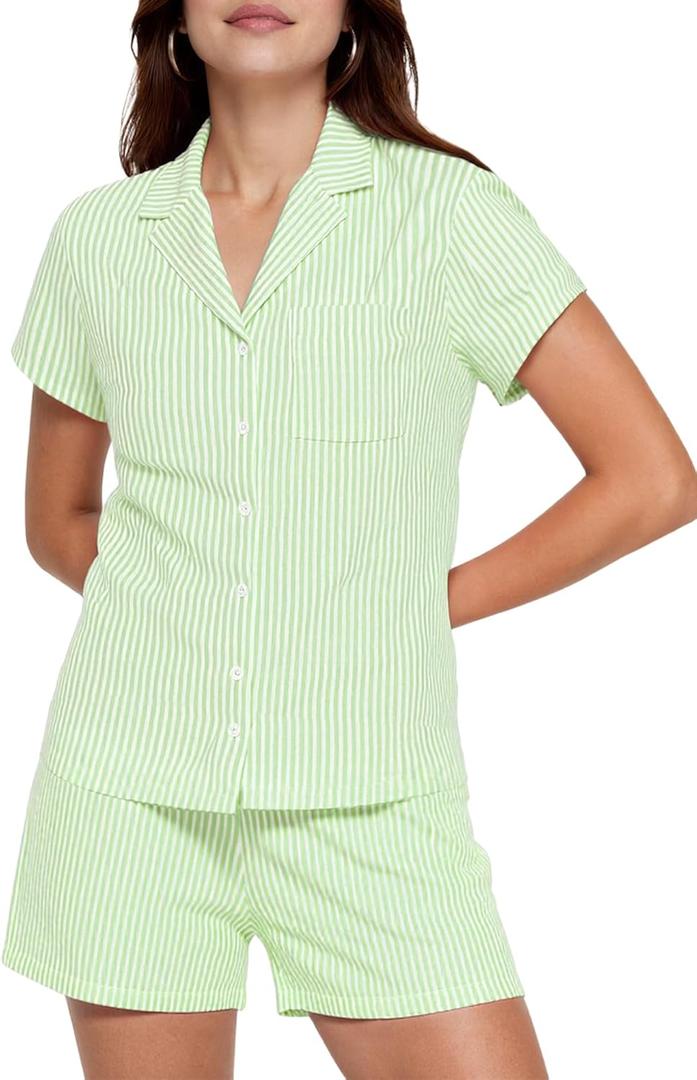 Ammiko Womens Pajamas Set Y2k Loungewear Pajama Button Down Top and Shorts Monkey Beach Short Sleeve Sleepwear Preppy (Small, Green Stripe)