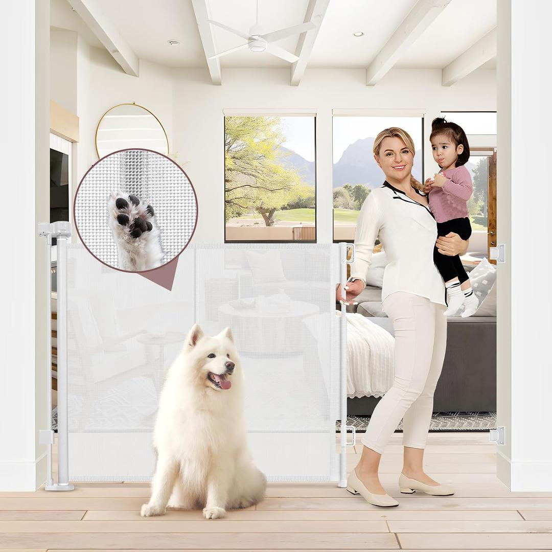 Reinforced 41 Inch Extra Tall Pet Gate 55 Inch Wide Retractable Baby Gates with Support Rods Prevents Crawling Under, Outdoor Tall Baby Gates for Dogs Indoor Dog Gates for Doorways, White