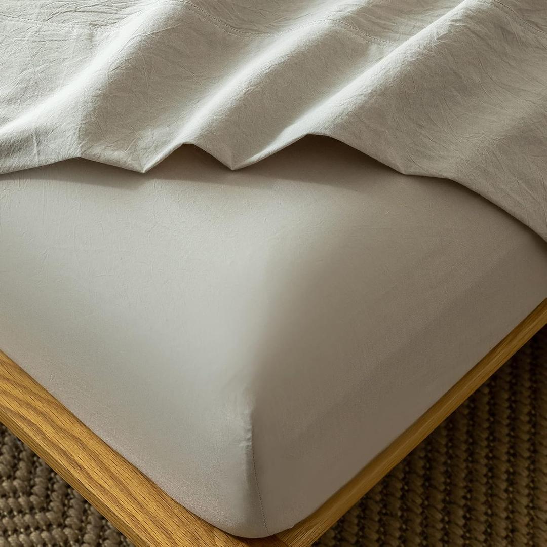 MooMee Fitted Bottom Sheet Only 100% Washed Cotton Linen Like Textured Breathable Durable Soft Comfy Deep Pocket Fits Mattress up to 17" (Cream Grey, Queen)