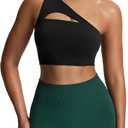 Aoxjox Women's Workout Sports Bras Fitness Gym Olivia Asymmetric One Shoulder Bra Yoga Crop Tank (Large, 1 Black)