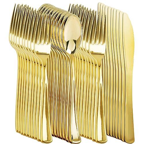 NOCCUR 60PCS Gold Silverware Disposable - Gold Plastic Silverware - Gold Plastic Cutlery Include Forks, Spoons, Knives, Gold Disposable Silverware Perfect for Party & Daily Using