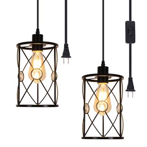 WELTRANS Plug in Industrial 2 Pack Farmhouse Pendant Light, Mini Cage Pendant Lighting in Black Finish with Crystal, Adjustable Length Hanging Light Fixture for Hallway, Bedroom, Living Room, Kitchen
