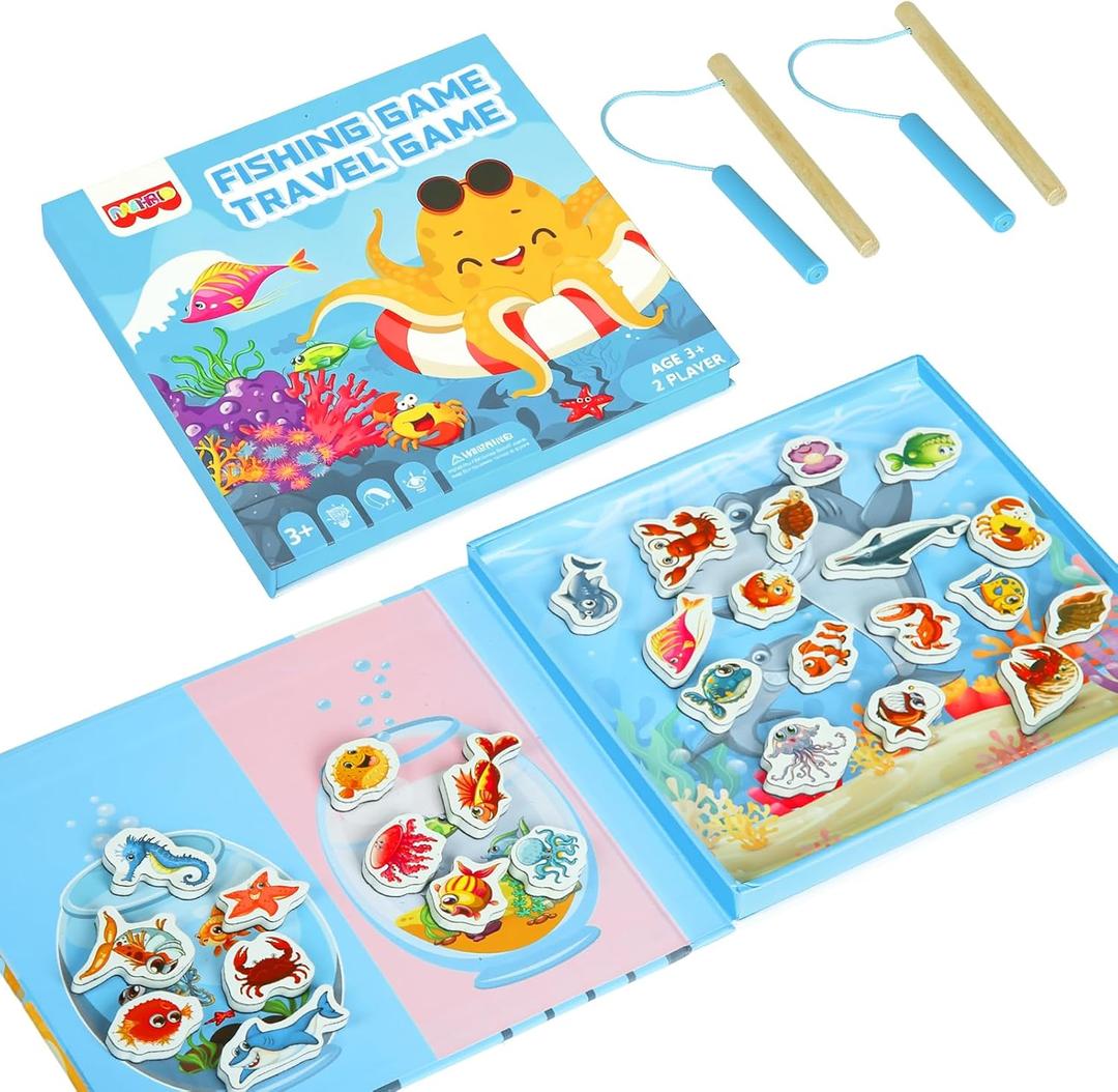 Magnetic Fishing Game for Toddlers Ages 3-8  Montessori Wooden Educational Toy with 28 Fish  Preschool Learning Toy for Fine Motor Skills, Travel, Airplane & Road Trips