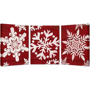 KREATIVE ARTS 3-Piece Rustic Winter Snowflake Canvas Wall Art Set  Modern Abstract Nordic Chic Framed Prints for Living Room, Bedroom, Bathroom 12"x16" Each (Red)
