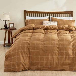JELLYMONI 100% Natural Cotton Queen Duvet Cover Set, 3pcs Plaid Duvet Cover Sets with Zipper Closure, Grid Geometric Pattern Comforter Cover, Rust