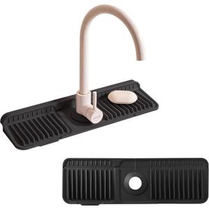 17.7" Silicone Sink Splash Guard - Multi-Functional Kitchen Sink Mat with Drip Tray, Sponge Holder & Soap Dish, 6 Slope Design for Easy Drainage, Foldable & Fasten Button for Secure Fit, Black