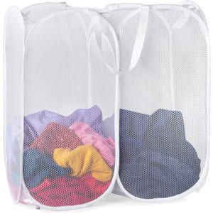 Handy Laundry Mesh Popup Hamper - Two Compartments, Collapsible for Storage and Easy to Open. Folding Pop-Up Clothes are Great for The Kids Room, College Dorm or Travel. (White)