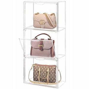 WMM Purse Storage Organizer for Closet, 3 Packs Plastic Acrylic Clear Handbag Purse Shoes Book Figure Toy Display Case, Storage Bins for Cosmetic, Stackable Magnetic Drop Front Storage Organizer