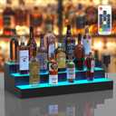 LED Lighted Liquor Bottle Display Shelf, 3 Tier 24 Inch Alcohol Whiskey Wood Rack Stand Tray for Home Bar Living Room Accessories and Decor, Bourbon Shelf for 18 Bottles