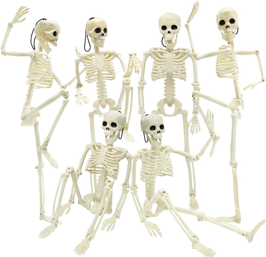 UMEELR 6Pcs Posable Plastic Skeletons, 16" Halloween Hanging Skeleton with Movable Joints Small Human Body Skeleton for Yard Patio Lawn Garden Props Halloween Spooky Party Decor