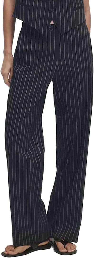 YEXPINE Women's Striped Wide Leg Pants High Waisted Suit Trousers Casual Business Work Dress Pants with Pockets (Black, L)