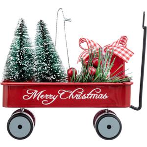 DEMDACO Here Comes Santa Claus Merry Christmas Red, Green 4 x 4 Inch Metal Handmade, Festive Holiday Dcor, Sisal Brush Tree, Decoration Christmas Tree Hanging Ornament, Red Wagon