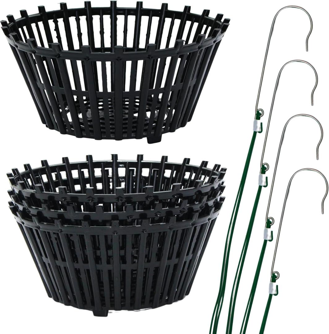 Set of 4 Large Black Strong Plastic Orchid Baskets 10 Inches Wide with Hangers for Orchids, Staghorn Ferns, Orchid Baskets for Outside, Plastic Orchid Pots with Holes