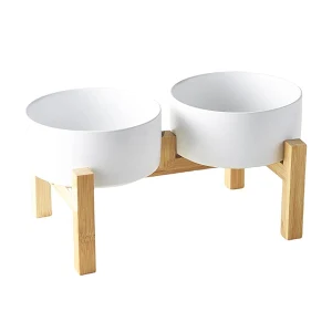 Elevated Ceramic Dog Bowl Set - Raised Dog Bowls with Non-Slip Bamboo Stand - Dog Food and Water Bowl Set - Double Dog Feeding Bowls - Suitable for Small and Medium Dogs - 28.74 OZ - 3.6 CUPS - 850 ML
