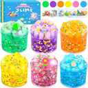 6 Pack Jelly Cube Crunchy Slime Kit, with Yellow, Pink, Purple, Green & Blue Clear Crunchy Slime, Super Soft Sludge Toy with Cute Charms, Girls Boys Classroom Reward, Valentine's Day Party Supplies