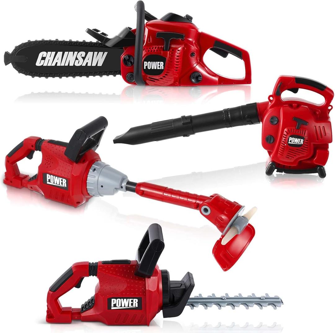 Arrowbash 4 Pcs Toy Gardening Tool Set for Kids Toy Leaf Blower Chainsaw Weed Trimmer Hedge Trimmer Battery Play Set Summer Birthday Party Gift for Boys Girls, Approximately 21.46 x 7.09 x 3.54 inches