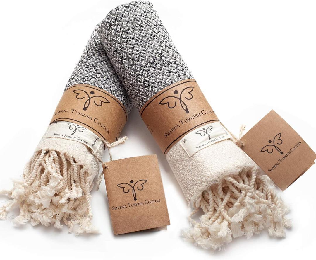 SMYRNA TURKISH COTTON Vintage Series Turkish Hand Towels, 16x40 inch, Decorative Turkish Hand Towels for Bathroom, Kitchen, Face, Hair, Tea, Yoga, Gym, Dishcloth Set of 2, Gray