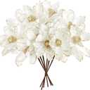 Sggvecsy 10Pcs Christmas Glitter Flowers Christmas Tree Ornaments Artificial Poinsettia Flower Velvet Magnolia Stems Floral Picks for Xmas Wedding DIY Crafts Wreath Party Floral Decorations (White)