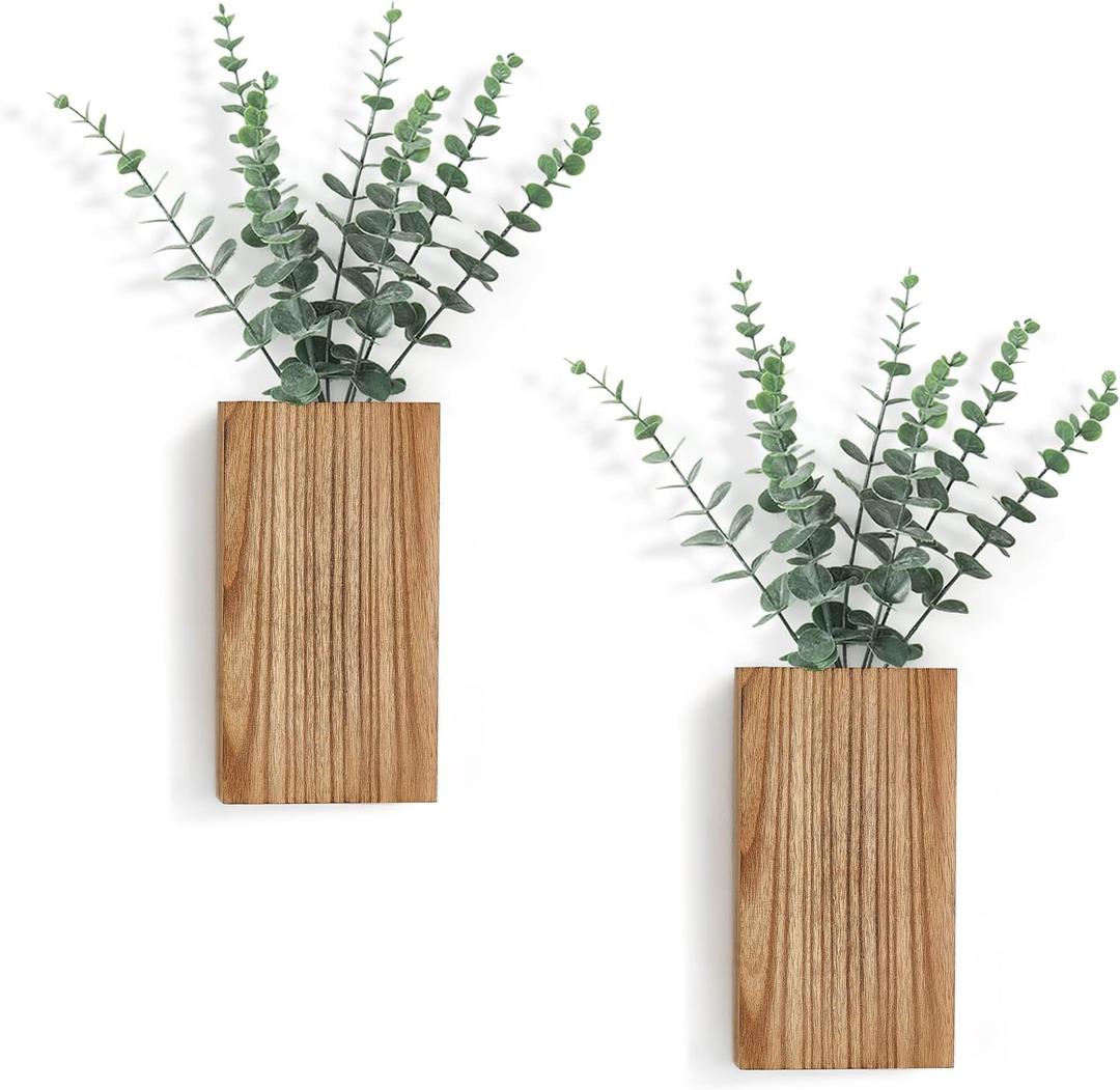 Dahey 2 Pack Wood Wall Planter Vase with Artificial Eucalyptus Farmhouse Wall Hanging Decor Pocket Planter for Indoor Fake Plants Greenery Flowers, livingroom Bedroom Kitchen Home Office Decoration (Medium, Natural)