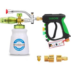 DUSICHIN Pressure Washer Gun Foam Cannon Dual Connector Shift Valve, Car Wash Foam Cannon Kit 1/4 Inch Quick Connector 5 Pressure Washer Nozzle Tips Build-in Design Work with A Pressure Washer DUS2703