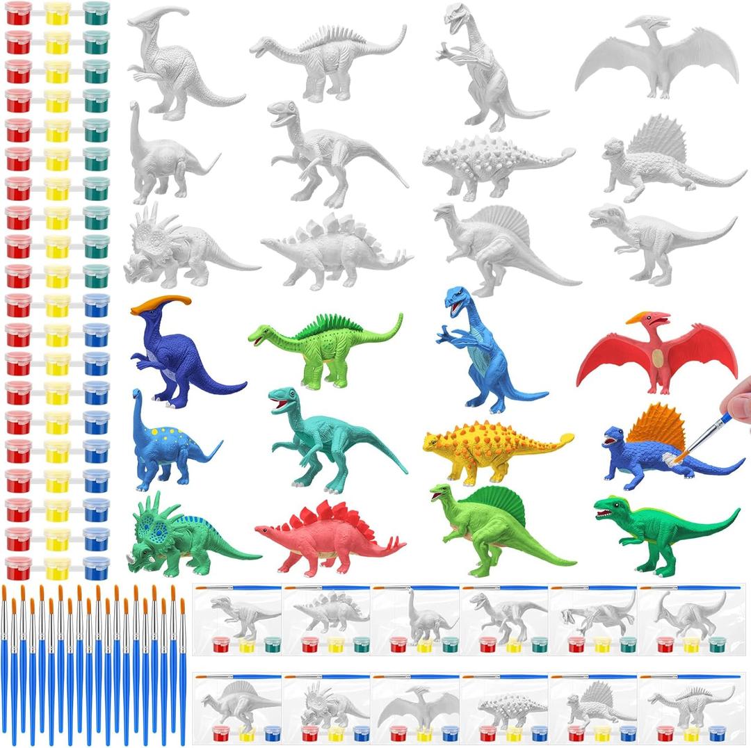 24 Set 3D Dinosaur Painting Kit for Kids Paint Your Own Dinosaur Figurines 24 Bag Dino Arts and Crafts Kits Create a Dino World Painting Educational Creativity Toys Gifts for Boys Girls