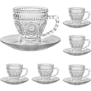 Vintage Glass Tea Cups with Saucers, Glass Mugs 7 Oz Set of 6 Espresso Coffee Embossed Glassware with Handle, for Cappuccino, Latte, Cereal, Yogurt, Beverage Hot/Cold, Milk