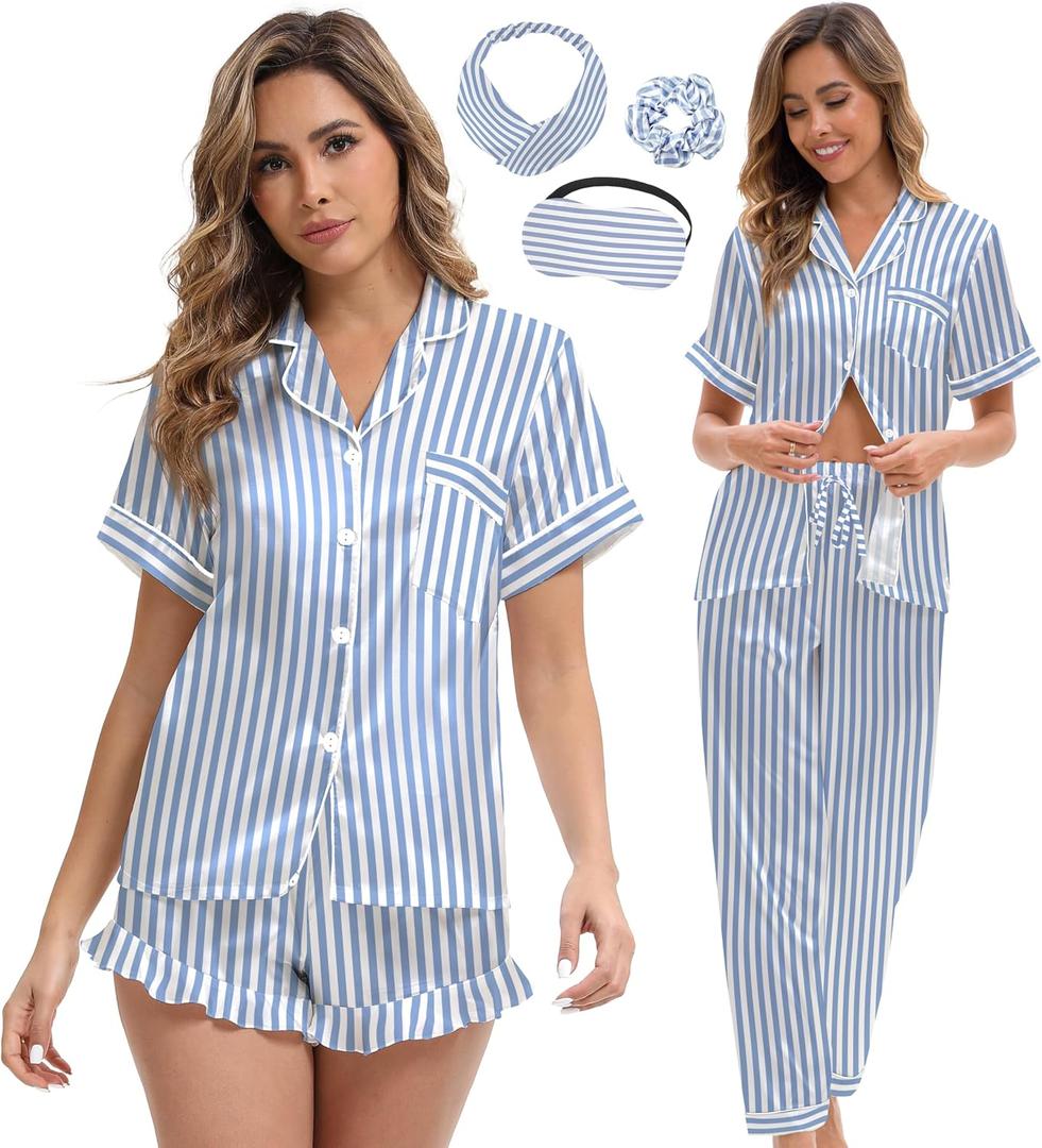 Silk Satin Pajama Set for Women 3-piece Short Sleeve Pajama with Pants Ruffle Shorts Cute Pj Set Button Down Sleepwear (Blue, S)