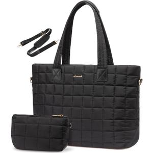 LOVEVOOK Laptop Tote Bag for Women, 15.6 Inch Large Puffer Work Tote Computer Bags, Quilted Women's Shoulder Purse Bag with Zipper, Teacher Office Handbag for Travel College Business, Gifts, Black