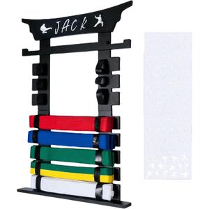 Wall Karate Belt Display Rack with Medal Hanger and Stickers, Black Martial Arts Belt Display Holder, 8 Belt Taekwondo Belt Display Hanging Holder for Kids and Adults