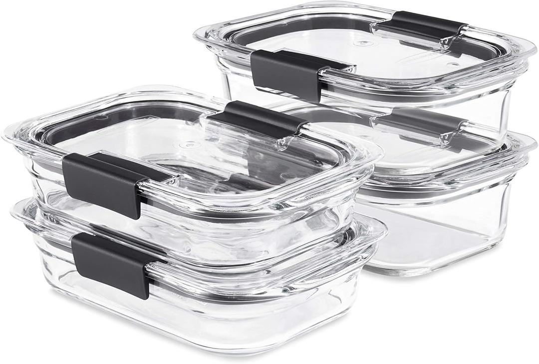 Rubbermaid Brilliance Glass Food Storage set of 4 containers 8 total pieces (4 containers + 4 lids) for Lunch Meal Prep and Leftovers Dishwasher and Oven Safe Clear/Grey