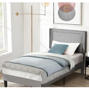 VECELO Upholstered Bed with Adjustable Headboard, No Box Spring Needed Platform Bed Frame, Bed Frame Gray Twin Bed