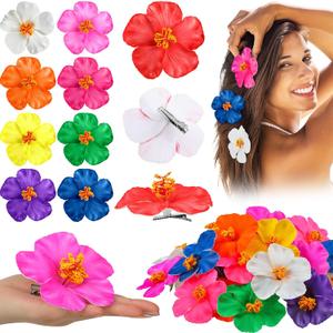 Hibiscus Hawaiian Flowers Hair Clips - Bridal Wedding Party Beach Vacation Outfit Decorations, Assorted Colors, 3.15-3.54 Inch